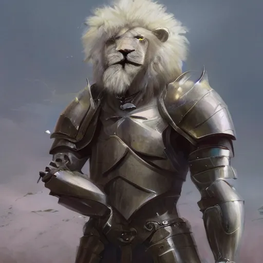 Image similar to a beautiful award winning commission of an anthro albino lion dressed in knight armour,digital art,art by greg rutkowski,character design by charles bowater,ross tran,photorealistic,highly detailed,detailed face,4k,dramatic,deviantart,artstation