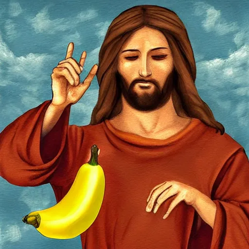 Prompt: jesus lifting a banana up into the air, digital art