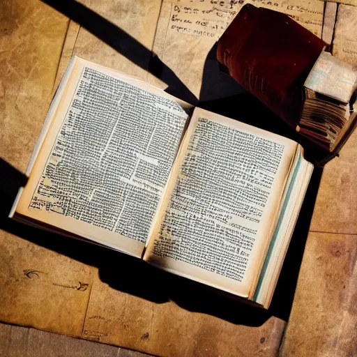 Prompt: a medium shot of a book sitting on a crowed desk, the book is closed, the cover is illustrated with a picture of icarus, beside the book is an ancient scroll, dark, single light, vignette, magic, fantasy, 4 k