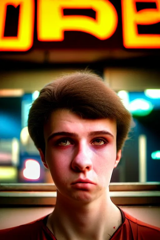 Image similar to an ultra high definition telephoto portrait cyberpunk 7 0 s diner film set photograph of a young man with short messy brown hair triangle head puffy cheeks narrow chin high cheek bones confused expression. wide angle close up. three point lighting. volumetric. refraction. imagined detail. soft focus ambient light sources. haze, light glare, art directed. filmic.