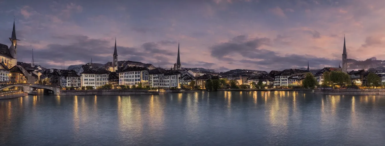 Image similar to Digital painting of Zurich, Limmat and the lake, wide angle, volumetric light, hyperdetailed, Alsp in the background, artstation, cgsociety, 8k