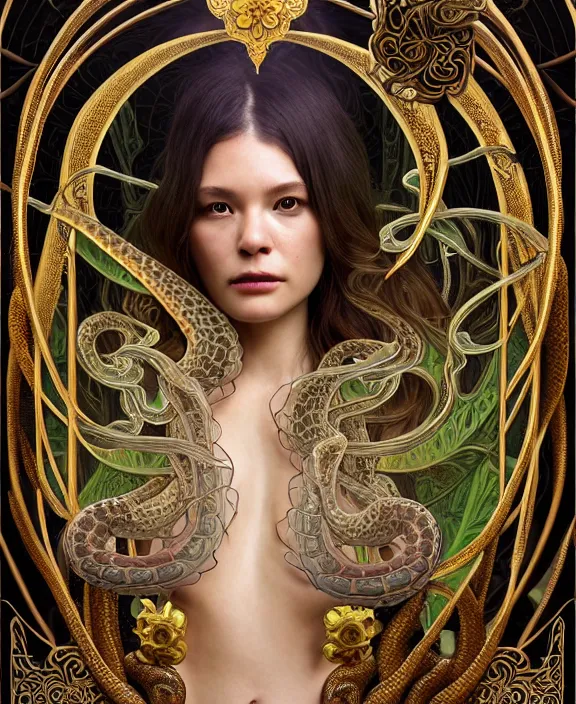 Image similar to intricate ornate opulent transparent clear see - through portrait of a scary beautiful snake, fractal, recursive, procedural, jungle environment, ultra realistic, concept art, art nouveau, photorealistic, octane render, 8 k, unreal engine. art by nori inoguchi and sam kaplan and zachary goulko and christopher marley and artgerm and alphonse mucha