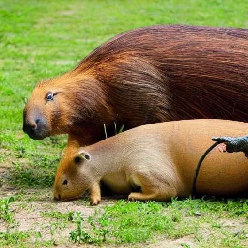 Prompt: a large snake eating a capybara,
