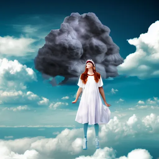 Image similar to goddess wearing a cloud fashion on the clouds, photoshop, colossal, creative, giant, digital art, photo manipulation, clouds, sky view from the airplane window, covered in clouds, girl clouds, on clouds, covered by clouds, a plane