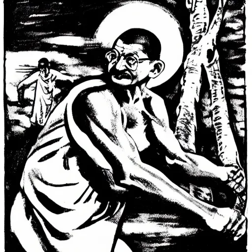 Prompt: Gandhi in an action pose in the style of jack kirby, comic book art, Jack kirby art,