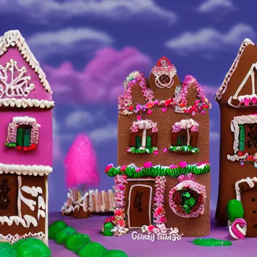 Image similar to Village made of candy with gingerbread people and with pink cotton candy clouds in the sky realistic