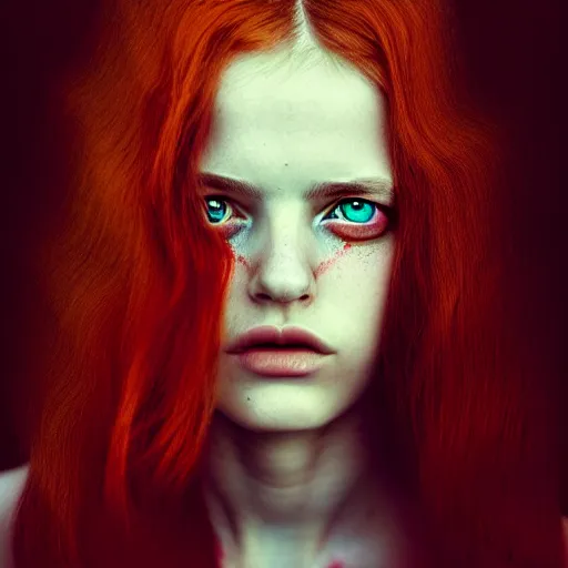 Image similar to a portrait photograph of a female angel by Alessio Albi, beautiful full face, symmetrical face, artstation, deviantart, hyperrealism, green eyes, long red hair, a small nose