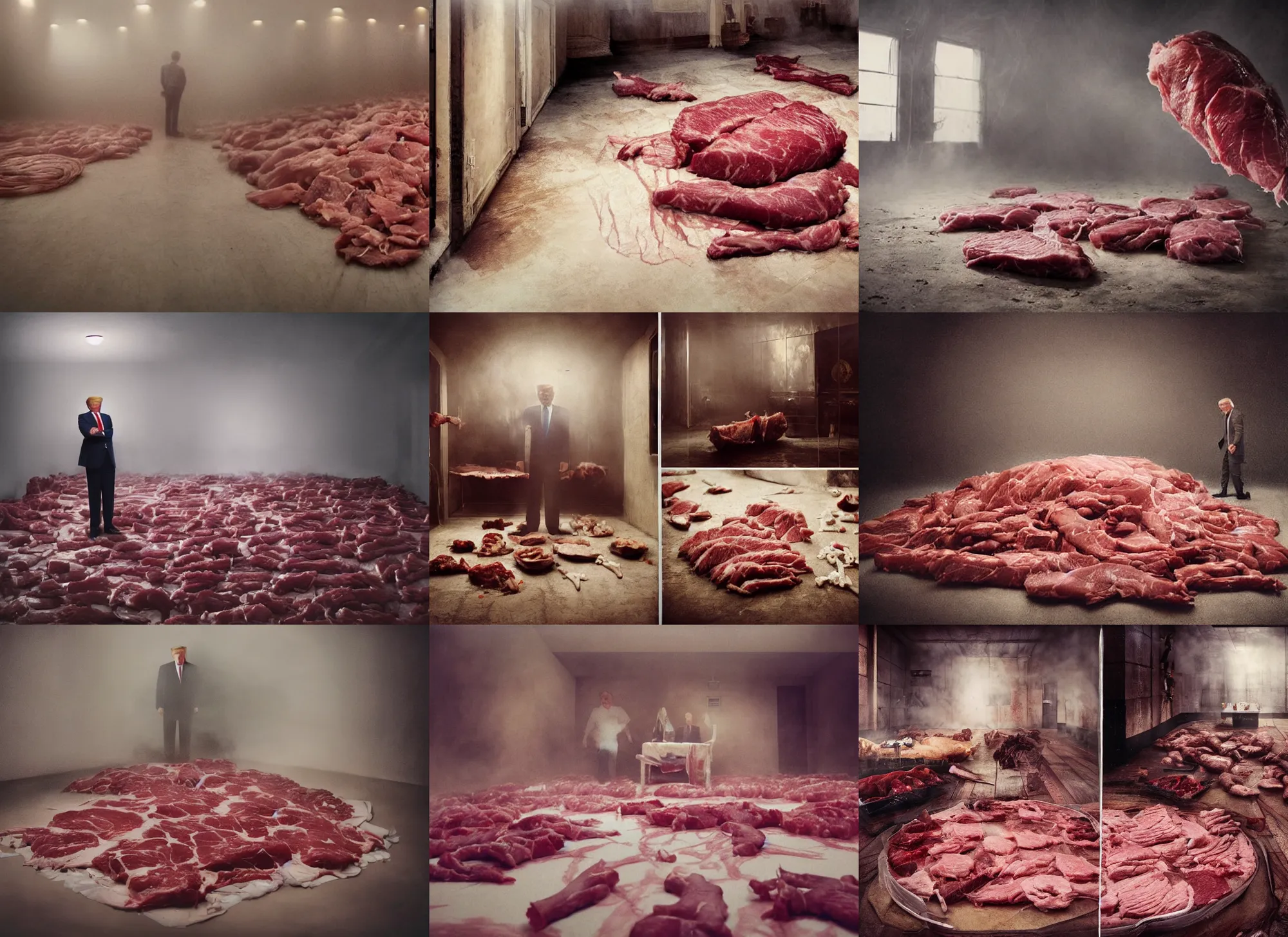 Prompt: close up medium shot of donald trump and a room made of full of raw meat on butchery floor, cinematic focus, polaroid photo, vintage, neutral dull colors, soft lights, foggy mist, by oleg oprisco, by thomas peschak, by discovery channel, by victor enrich, by gregory crewdson