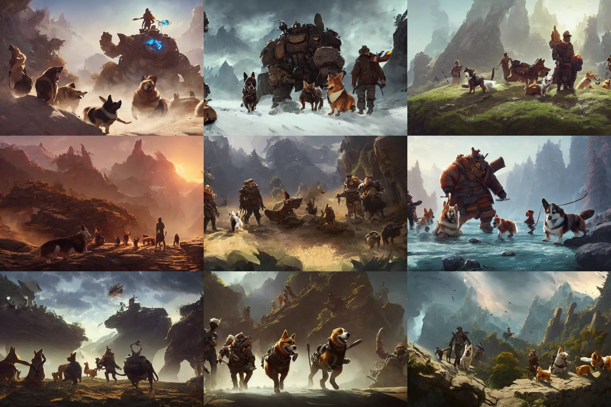 Prompt: an adventurer group with a giant corgi behind them, epic, digital art in the style of Greg Rutkowski and Craig Mullins, 4k