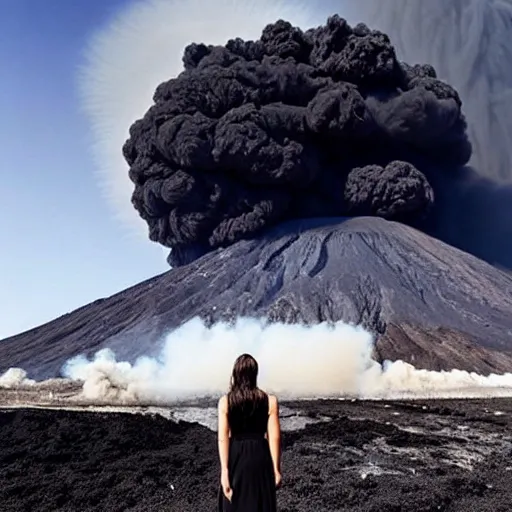 Image similar to Majestic photo of a beautiful! woman wearing a black dress walking towards the camera while a volcano explodes behind her, movie scene, majestic!, amazing!