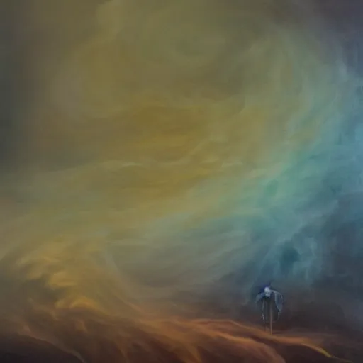 Image similar to a colorful painting of tendrils of fog swirling around a man in a dark place