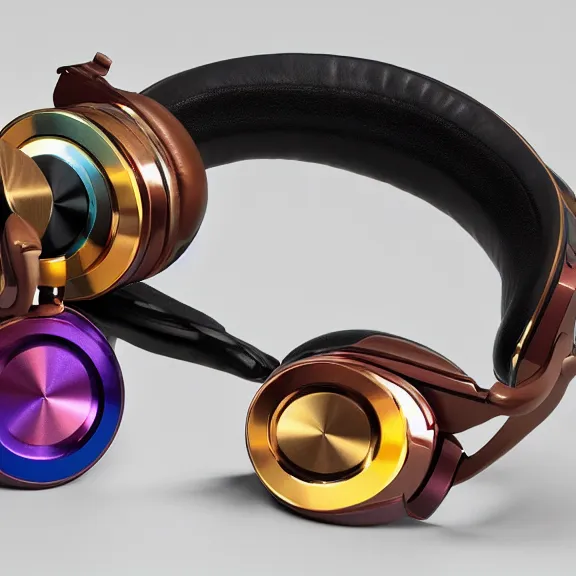 Image similar to masterpiece photo of beautiful crafted bismuth metal headphones, bismuth rainbow metal, bismuth cups, leather padding, displayed on mahogany desk, modernist headphones, bismuth headphones beautiful well designed, hyperrealistic, audiophile, intricate hyper detail, extreme high quality, photographic, meze audio, sennheiser, hifiman, artstation