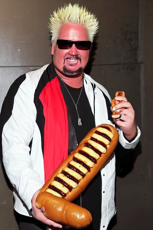 Image similar to guy fieri, dimly lit, stands in a hallway, cradling a guinness world record hot dog