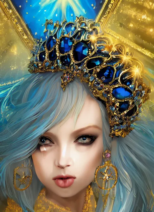 Prompt: baroque bedazzled gothic royalty frames surrounding a pixelsort rimuru tempest smiling, sky blue straight hair, bangs, with amber eyes, yellow golden eyes, wearing a black maximalist spiked jacket, high collar, ultra detailed, concept art, digital painting, pretty, cinematic, wlop artstation, sharpened early computer graphics, remastered chromatic aberration