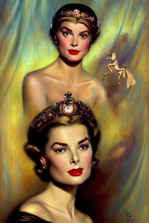 Image similar to a young and extremely beautiful grace kelly infected by night by dali in the style of a modern gaston bussiere, alphonse muca, victor horta, tom bagshaw. anatomically correct. extremely lush detail. masterpiece. melancholic scene infected by night. perfect composition and lighting. sharp focus. high contrast lush surrealistic photorealism. sultry expression on her face.