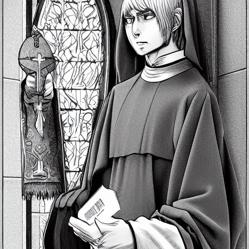 Image similar to portrait of Daniel Trejo as church nun, intricate, highly detailed, artstation, manga illustration by Kentaro Miura