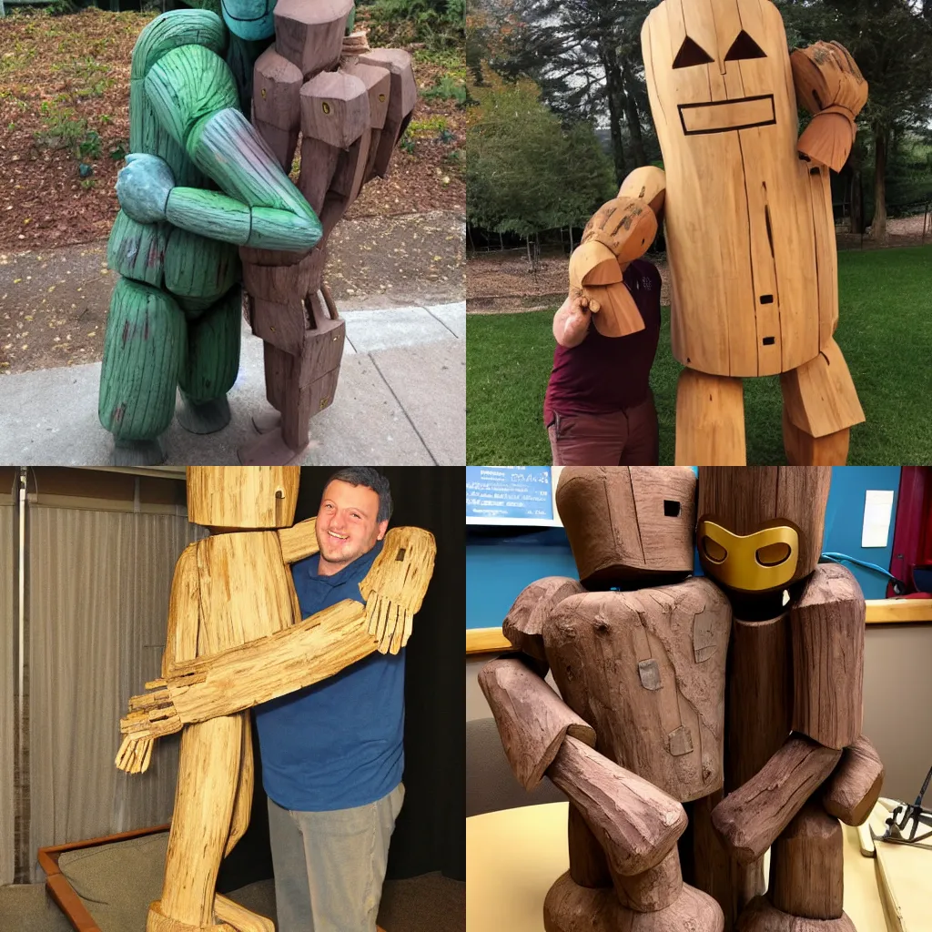 Prompt: wooden golem hugging alien knight @SasBe