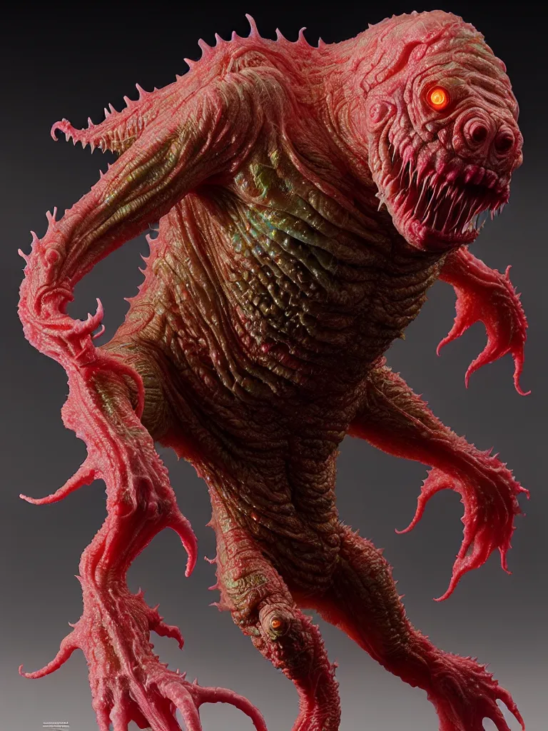 Image similar to hyperrealistic rendering, fat smooth cronenberg flesh monster transparent kaiju by donato giancola and greg rutkowski and wayne barlow and zdzisław beksinski, product photography, action figure, sofubi, studio lighting, colored gels, colored background