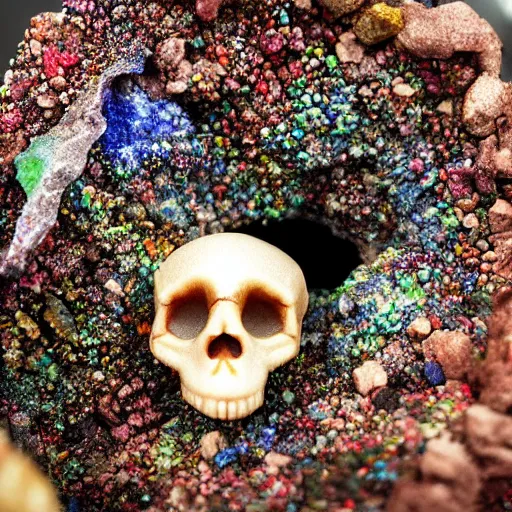 Image similar to photorealistic tiny dinosaur skeleton inside a geode of colored crystals