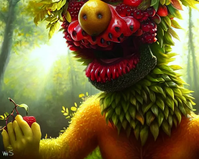 Prompt: a fruit monster made of different fruit, 1 6 9, walking around in forest, detailed mouth, detailed eyes, forest background, trees and flowers, trees in foreground, rays of golden sunlight, oil painting, highly detailed, dramatic lighting, hyperrealistic, smooth, artstation, cgsociety, by artgerm, by wlop