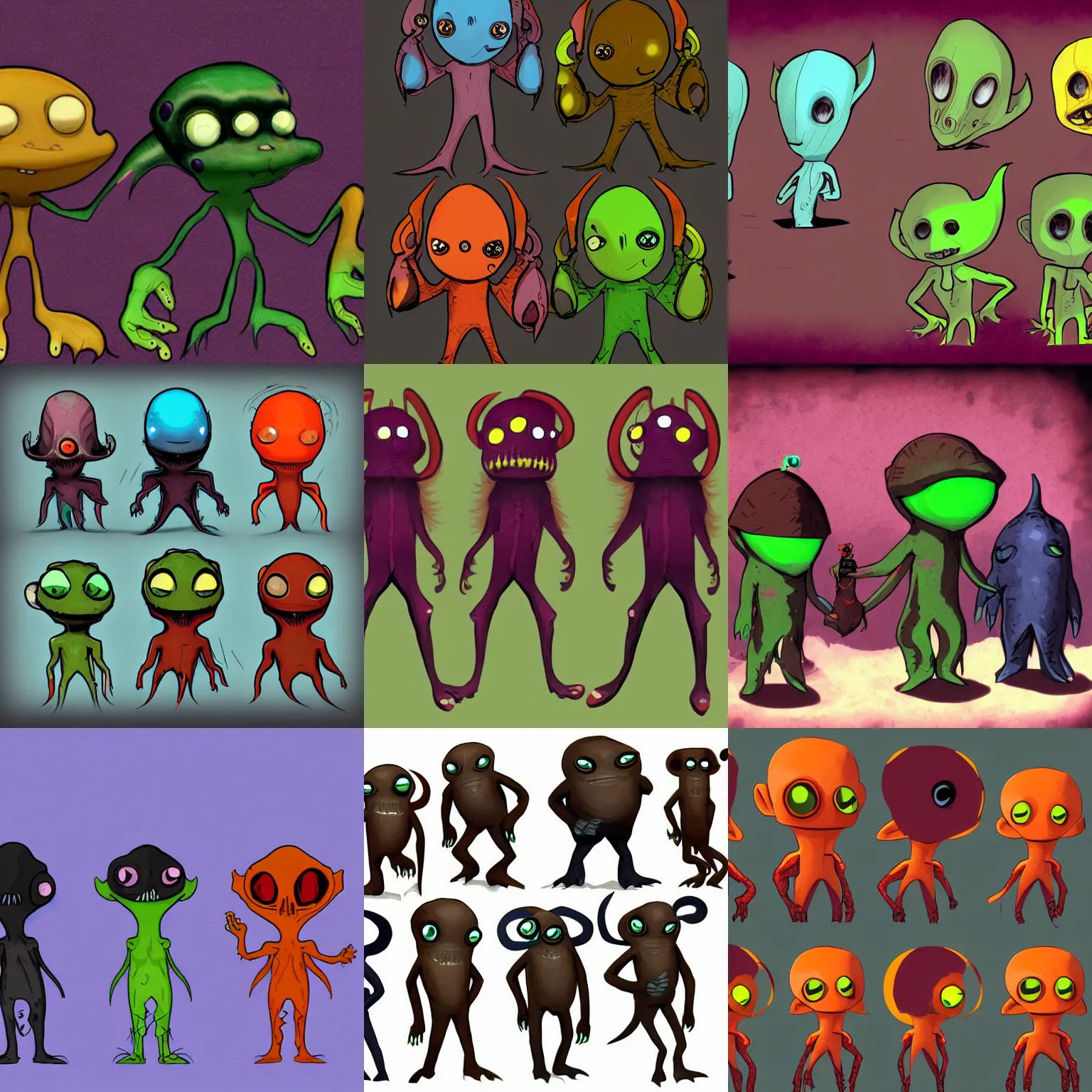 Prompt: friendly little vampire squid alien mutant race character designs for the newest psychonauts video game made by double fine done by tim shafer with help from the artist for the band gorrilaz
