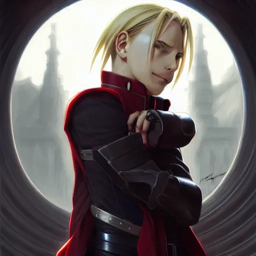 Image similar to Edward Elric from Fullmetal Alchemist, fantasy, intricate, elegant, highly detailed, digital painting, artstation, concept art, matte, sharp focus, illustration, art by Artgerm and Greg Rutkowski and Alphonse Mucha