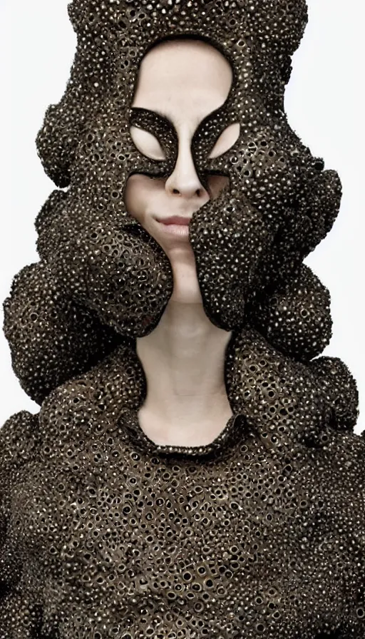 Image similar to a woman with a plastic mask on her face, a surrealist sculpture by alexander mcqueen, trending on pinterest, plasticien, trypophobia, biomorphic, made of plastic