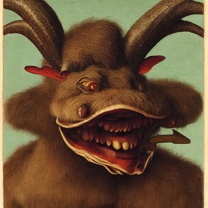 Image similar to close up portrait of an overdressed mutant monster creature with snout, horns, insect wings, unibrow, piercing eyes, toxic smile. jan van eyck, walton ford