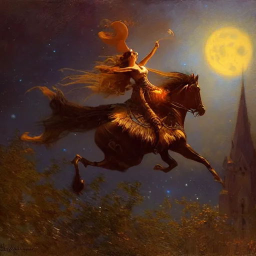 Image similar to witch flying, trough the night, fantasy, full moon in background. highly detailed painting by gaston bussiere, craig mullins, j. c. leyendecker 8 k