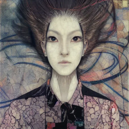 Image similar to yoshitaka amano blurred and dreamy realistic portrait of a woman with black eyes and white hair wearing dress suit with tie, junji ito abstract patterns in the background, satoshi kon anime, noisy film grain effect, highly detailed, renaissance oil painting, weird portrait angle, blurred lost edges, three quarter view