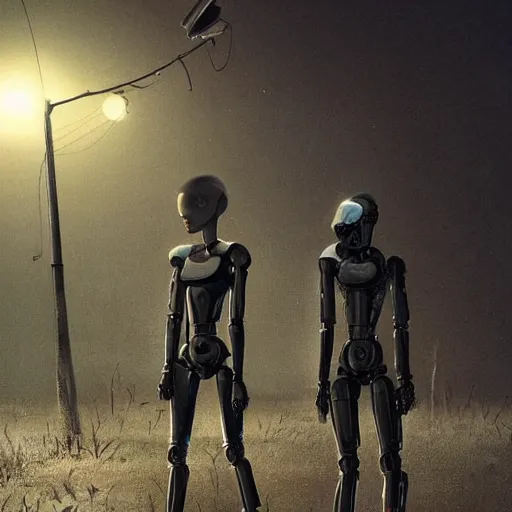 Image similar to Beautiful cinematic scene of two damaged humanoid robots like in Ex Machina (2014) standing near an abandoned gas station, post apocalyptic, at night, peaceful, science fiction, award-winning, cinematic lighting, insanely detailed, very realistic, Artstation, Cgsociety, by Simon Stalenhag, directed by Denis Villeneuve, filmic