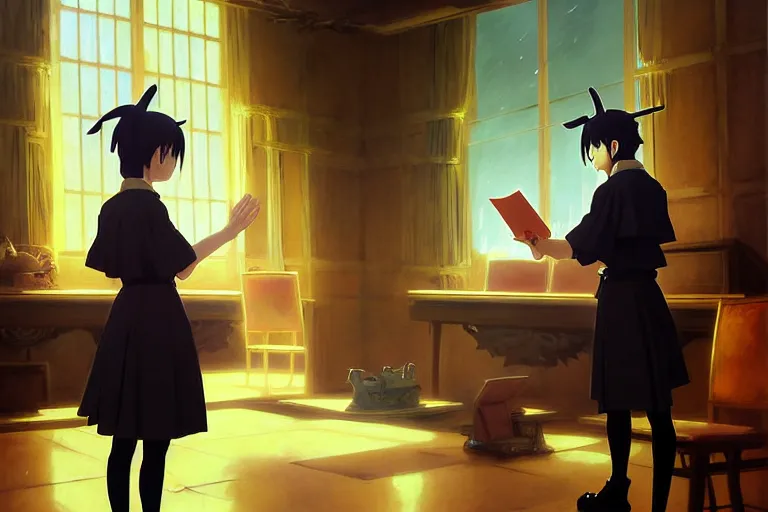 Image similar to baroque oil painting of key visual environment concept art of anime maid being sworn into presidential office, brutalist, dark fantasy, rule of thirds golden ratio, fake detail, trending pixiv fanbox, acrylic palette knife, style of makoto shinkai studio ghibli genshin impact jamie wyeth james gilleard greg rutkowski chiho aoshima