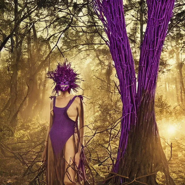 Image similar to a woman with a mask made of purple twigs standing in a forest, golden hour, vogue magazine