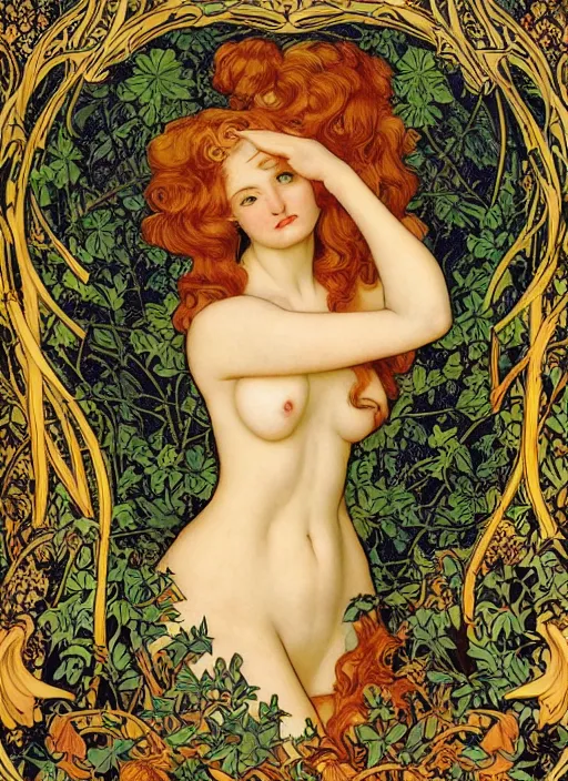 Image similar to masterpiece beautiful seductive flowing curves pinup pose preraphaelite face portrait photography, extreme closeup shot, straight bangs, thick set features, yellow ochre ornate medieval dress, amongst foliage mushroom forest arch, circle, william morris and kilian eng and mucha, framed, 4 k
