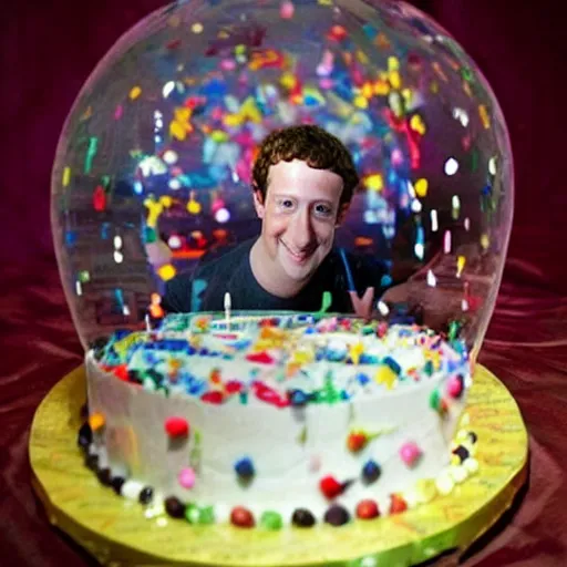 Image similar to mark zuckerberg is inside a computer monitor, handsome bearded man has a birthday cake, happy birthday, confetti, cake, balloons