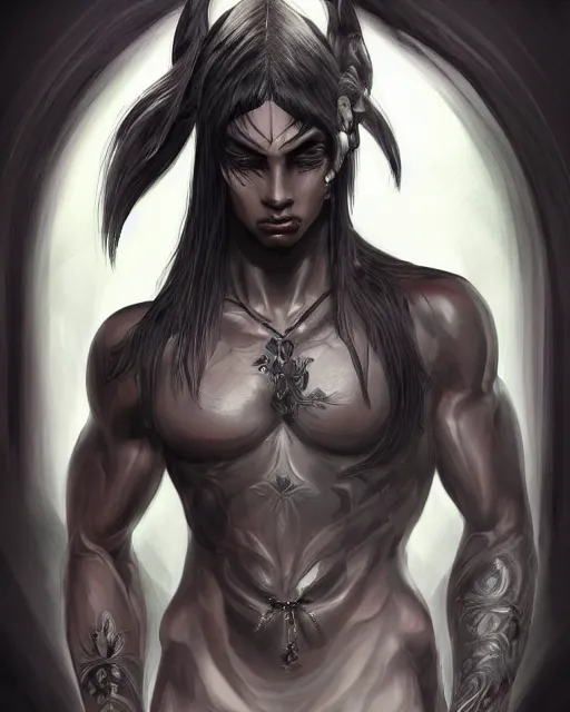 Image similar to portrait of a feminine male dark elf, dark ebony obsidian skin, white tatoo, long hair, fantasy, elegant, intricate, highly detailed, digital painting, artstation, concept art, sharp focus, illustration