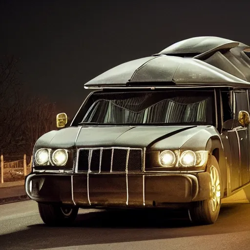 Image similar to an armored battle hearse driving on a road at night