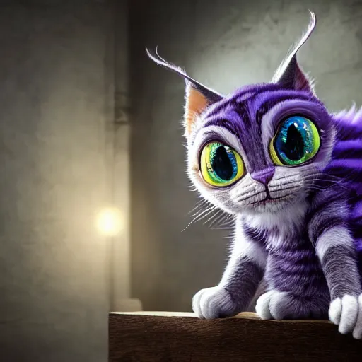 Image similar to full body pose, hyperrealistic photograph of the cheshire cat as a kitten, dim volumetric lighting, 8 k, octane beautifully detailed render, extremely hyper detailed, intricate, epic composition, cinematic lighting, masterpiece, trending on artstation, very very detailed, stunning, hdr, smooth, sharp focus, high resolution, award, winning photo, dslr, 5 0 mm