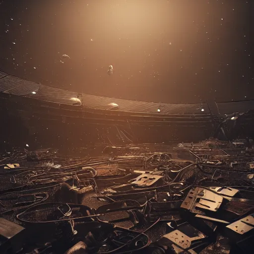 Prompt: a view from afar of a maelstrom of scrap metal in black, starless space, octane render