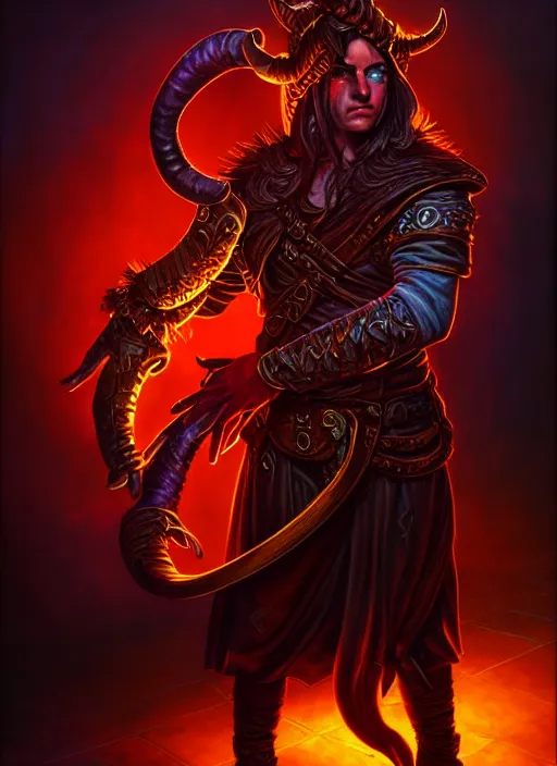 Prompt: tiefling bard, full body, hyper realistic, extremely detailed, dnd character art portrait, dark fantasy art, intricate fantasy painting, dramatic lighting, vivid colors, deviantart, artstation, by clyde caldwell.
