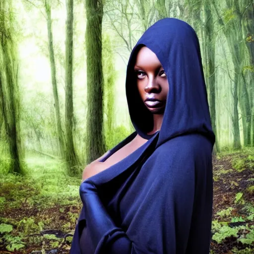 Prompt: cloaked ebony maiden with blue eyes and a beautiful model face in a dark and creepy forest