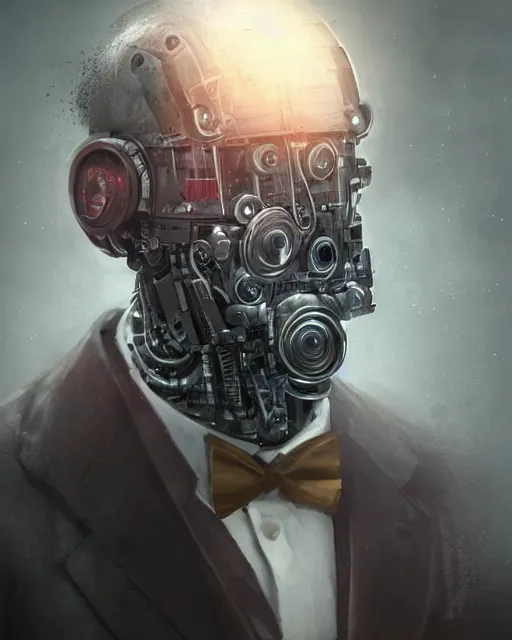 Image similar to a rugged young engineer man with cybernetic enhancements wearing a suit and bowtie, detailed face with mask, scifi character portrait by greg rutkowski, esuthio, craig mullins, 1 / 4 headshot, cinematic lighting, dystopian scifi gear, gloomy, profile picture, mechanical, half robot, implants, steampunk