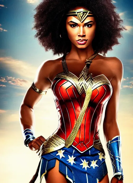 Image similar to beautiful african american wonder woman, stunning character portrait