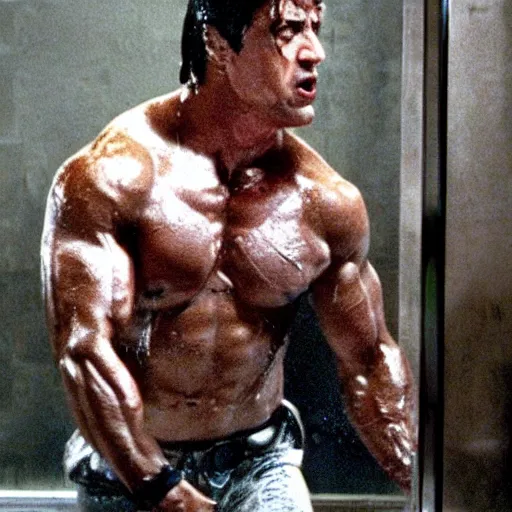 Image similar to movie still from the movie The Rock (1996), rendering of sylvester stallone in the shower room scene, cinematic,