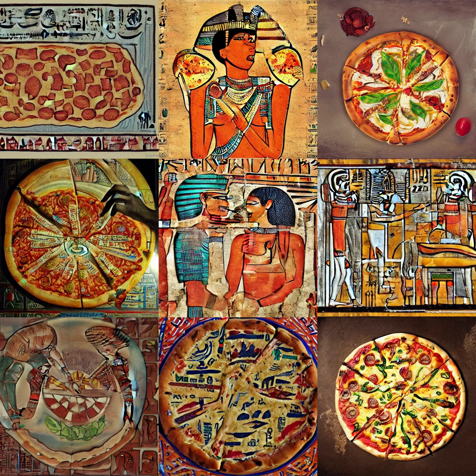 Prompt: egyptians happy to invent the first pizza, egyptian artwork