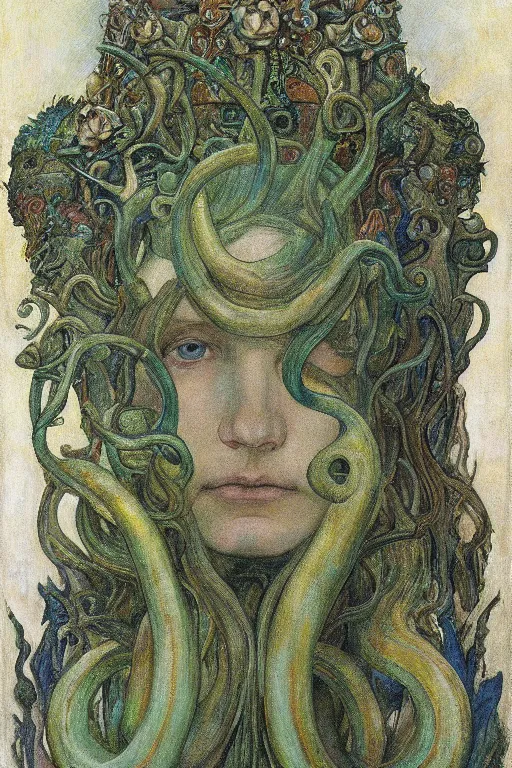 Image similar to the tentacle crown,by Annie Swynnerton and Diego Rivera and Elihu Vedder, symbolist, dramatic lighting, elaborate geometric ornament, Art Brut, bioluminescent, soft blues and greens,smooth, sharp focus, extremely detailed, Adolf Wölfli