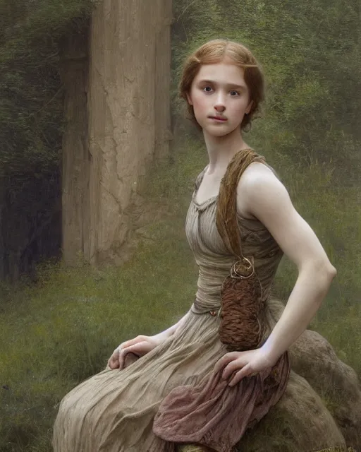 Image similar to a well - lit, realistic portrait painting of a thoughtful girl resembling a young, shy, redheaded irish alicia vikander or millie bobby brown wearing peasant dress in moss - covered ancient stone ruins at sunset, highly detailed, intricate, concept art, artstation, by donato giancola, ron cobb, and william adolphe bouguereau