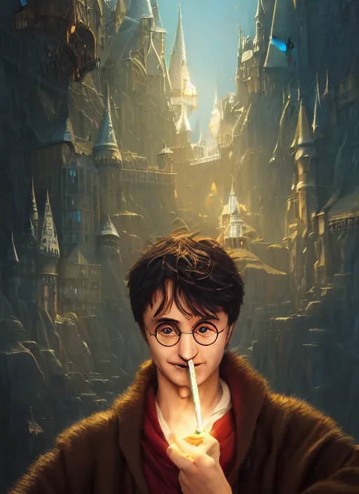 Image similar to highly detailed portrait of harry potter vaping and wearing gold chains, stephen bliss, unreal engine, fantasy art by greg rutkowski, loish, rhads, ferdinand knab, makoto shinkai and lois van baarle, ilya kuvshinov, rossdraws, tom bagshaw, alphonse mucha, global illumination, radiant light, detailed and intricate environment