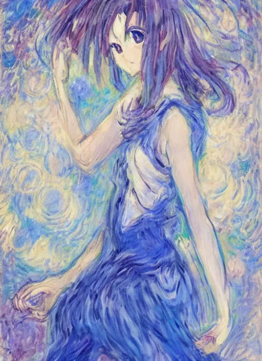 Prompt: a portrait of a moon princess, blue outfit, very anime in impressionist style, trending artwork, anime painter studio, by claude monet