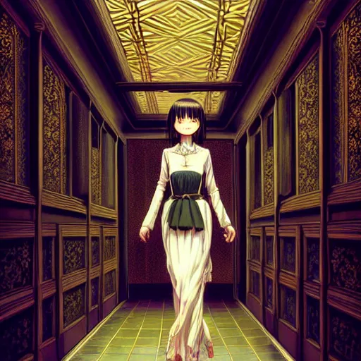 Prompt: beautiful girl in intricate clothing walking through a hallway reaching hands, reflections, very high intricate details, horror, painting, digital anime art, medium shot, mid - shot, wlop, ilya kuvshinov, artgerm, krenz cushart, greg rutkowski, sana takeda